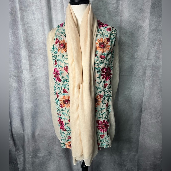 Floral Embroidered Cream Scarf Shawl or Wrap - Picture 2 of 9